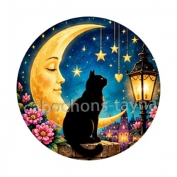 chat noir lune et étoile- Cabochon verre ou résine, porte-clés, magnet, miroir