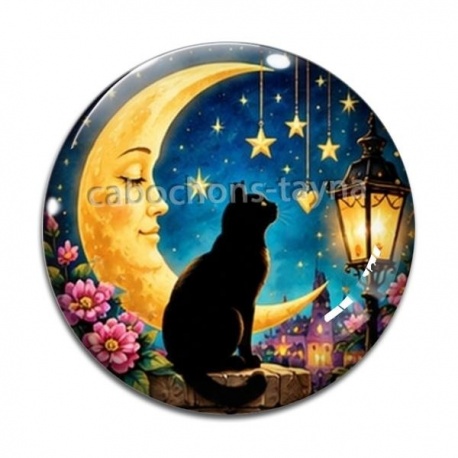 Cabochon Verre - chat noir lune et étoile