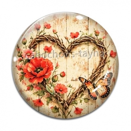 Cabochon Verre - coeur papillon coquelicot
