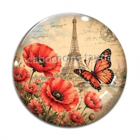 Cabochon Verre - Paris coquelicot tour Eiffel- cabochon en verre ou en résine- pendentif
