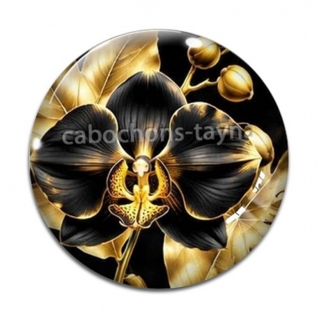 Cabochon Verre - fleur orchidée noire et dorée