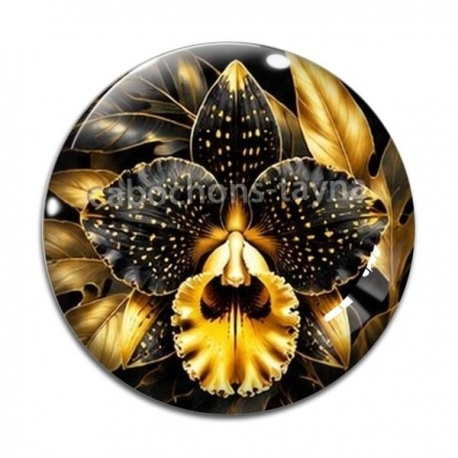 Cabochon Verre - fleur exotique noire et dorée- cabochon verre ou résine, miroirs, magnet