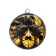 Pendentif Cabochon Argent - fleur exotique noire et dorée- cabochon verre ou résine, miroirs, magnet