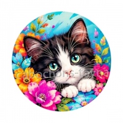 Chaton tnoir et blanc- cabochon verre ou résine, pendentif