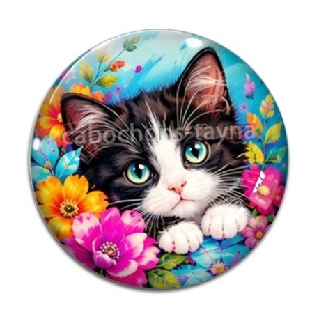 Cabochon Verre - Chaton tnoir et blanc- cabochon verre ou résine, pendentif