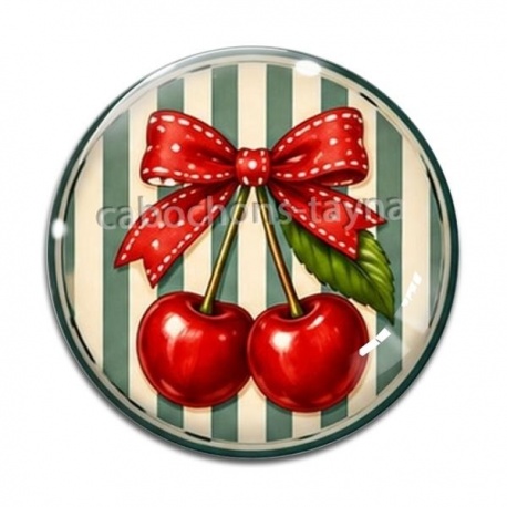 Cabochon Verre - cabochon cerise- fond rayure verte