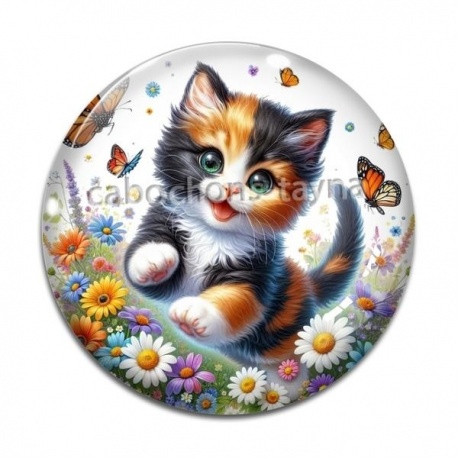 Cabochon Verre - chat fleur
