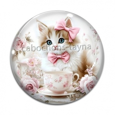 Cabochon Verre - chat tasse et fleur