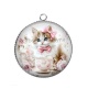 Pendentif Cabochon Argent - chat tasse et fleur