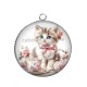 Pendentif Cabochon Argent - chat tasse et fleur