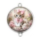 Connecteur Cabochon Argent - chat tasse et fleur