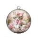 Pendentif Cabochon Argent - chat tasse et fleur