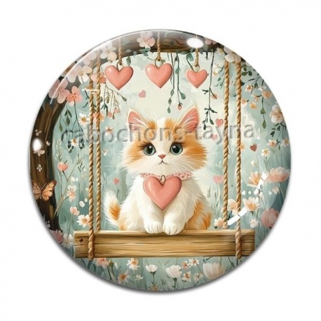 Cabochon Verre - chat balançoire coeur