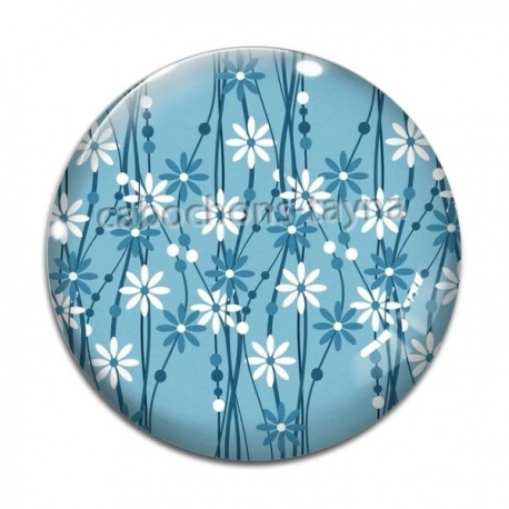 Cabochon Verre - fleur bleue et blanche