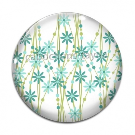 Cabochon Verre - fleur vert et blanc