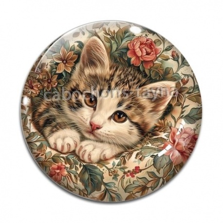 Cabochon Verre - chat fleur