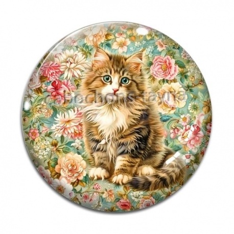Cabochon Verre - chat fleur