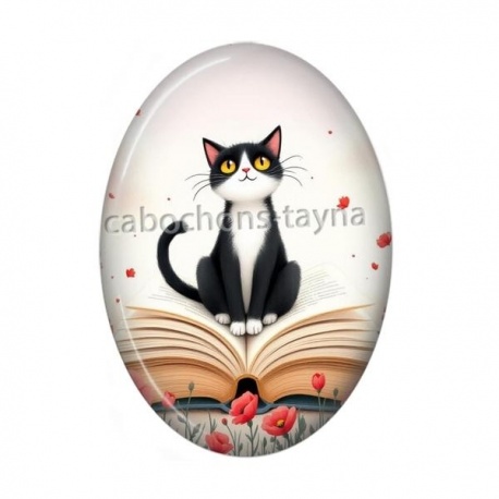 Cabochon Résine Ovale - chat noir coquelicot