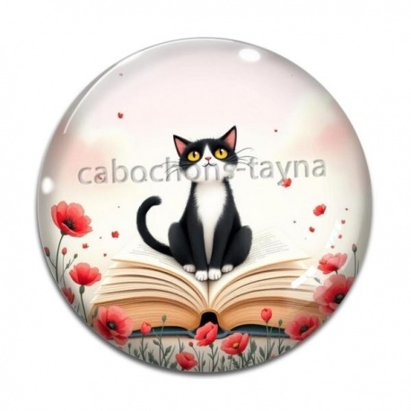 Cabochon Verre - chat noir coquelicot