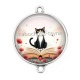 Connecteur Cabochon Argent - chat noir coquelicot