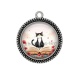 Pendentif Cabochon Argent - chat noir coquelicot