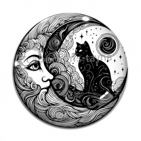 Cabochon Verre - chat noir et lune