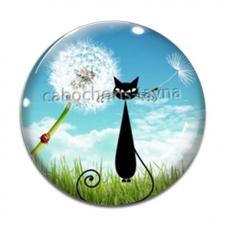 Cabochon Verre - chat noir pissenlit