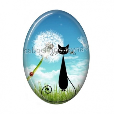 Cabochon Résine Ovale - chat noir pissenlit