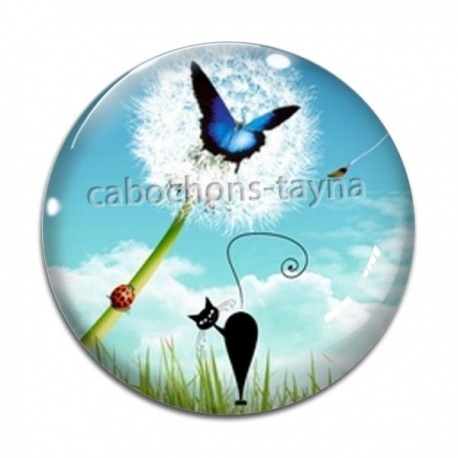Cabochon Verre - chat noir pissenlit