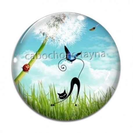 Cabochon Verre - chat noir pissenlit