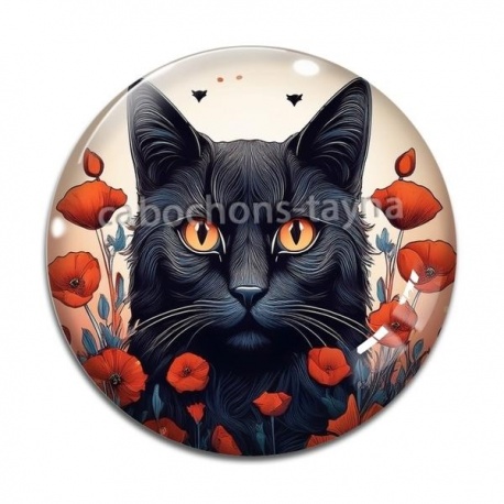 Cabochon Verre - chat noir coquelicot