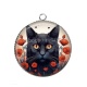 Pendentif Cabochon Argent - chat noir coquelicot