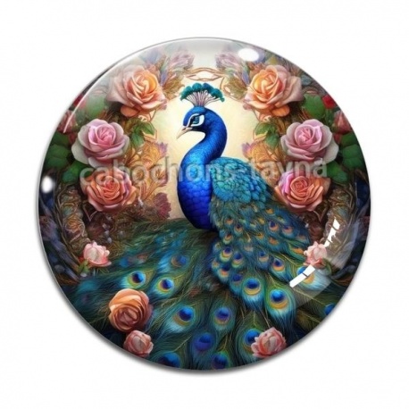 Cabochon Verre - paon avec fleur rose