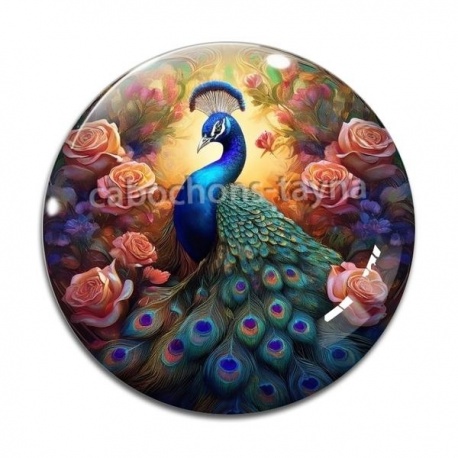 Cabochon Verre - paon avec fleur rose