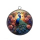 Pendentif Cabochon Argent - paon avec fleur rose