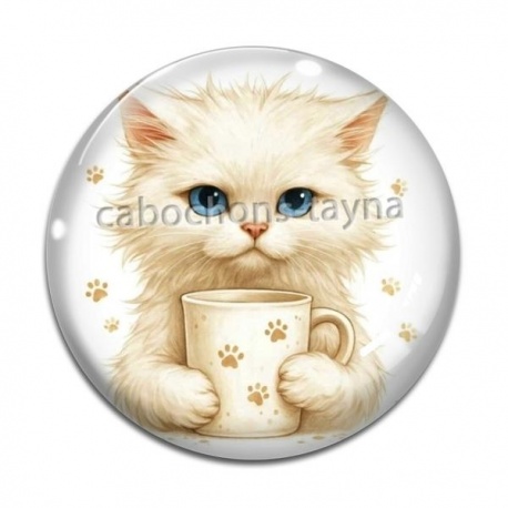 Cabochon Verre - chat tasse blanc