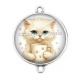Connecteur Cabochon Argent - chat tasse blanc