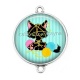 Connecteur Cabochon Argent - chat noir