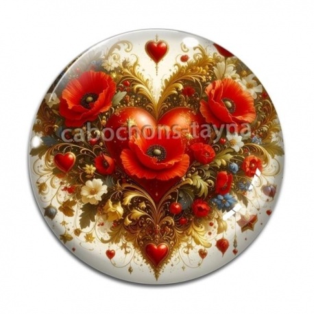 Cabochon Verre - coeur coquelicot