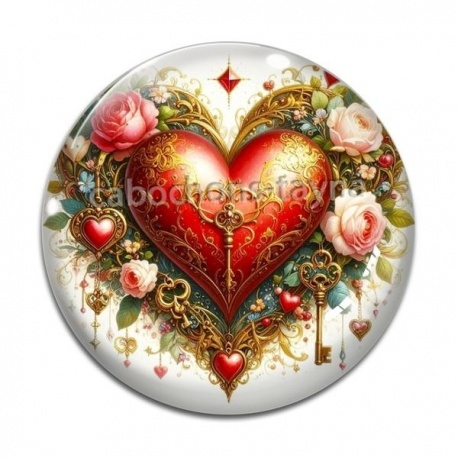 Cabochon Verre - coeur avec rose