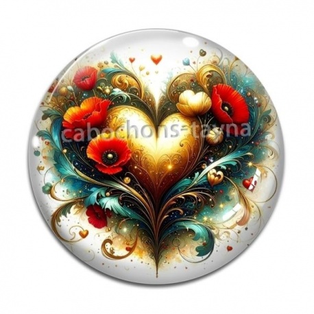 Cabochon Verre - coeur coquelicot
