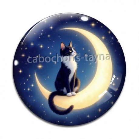 Cabochon Verre - chat noir sur lune