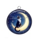Pendentif Cabochon Argent - chat noir sur lune