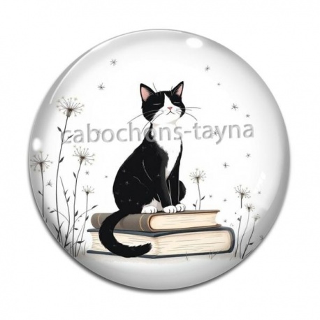 Cabochon Verre - chat pissenlit et livre