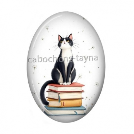 Cabochon Résine Ovale - chat pissenlit et livre
