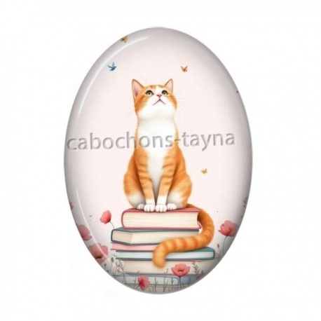 Cabochon Résine Ovale - chat coquelicot et livre