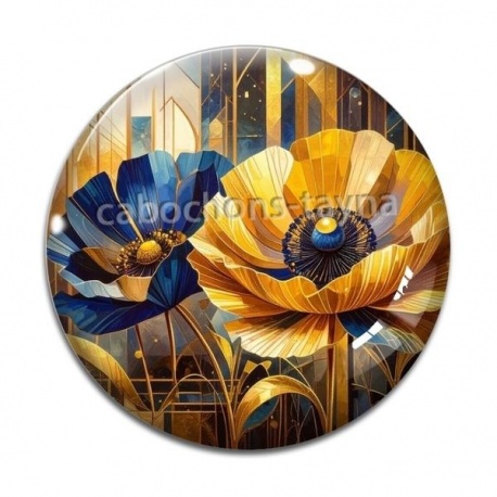 Cabochon Verre - coquelicot bleu et or