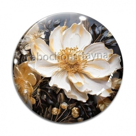 Cabochon Verre - fleur blanche et dorée