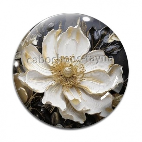 Cabochon Verre - fleur blanche et dorée