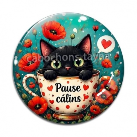 Cabochon Verre - chat noir pause câlins